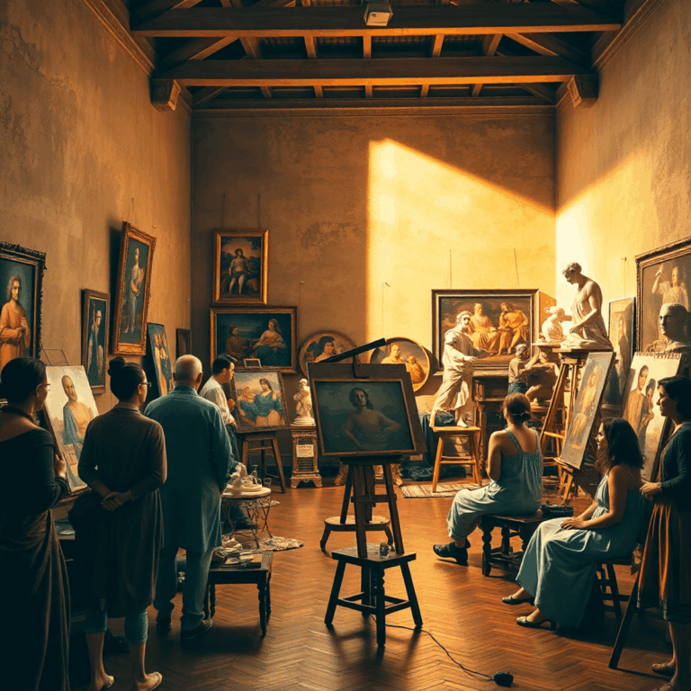 A Renaissance studio with artists and patrons collaborating amid vibrant artworks and sculptures, bathed in warm golden light.