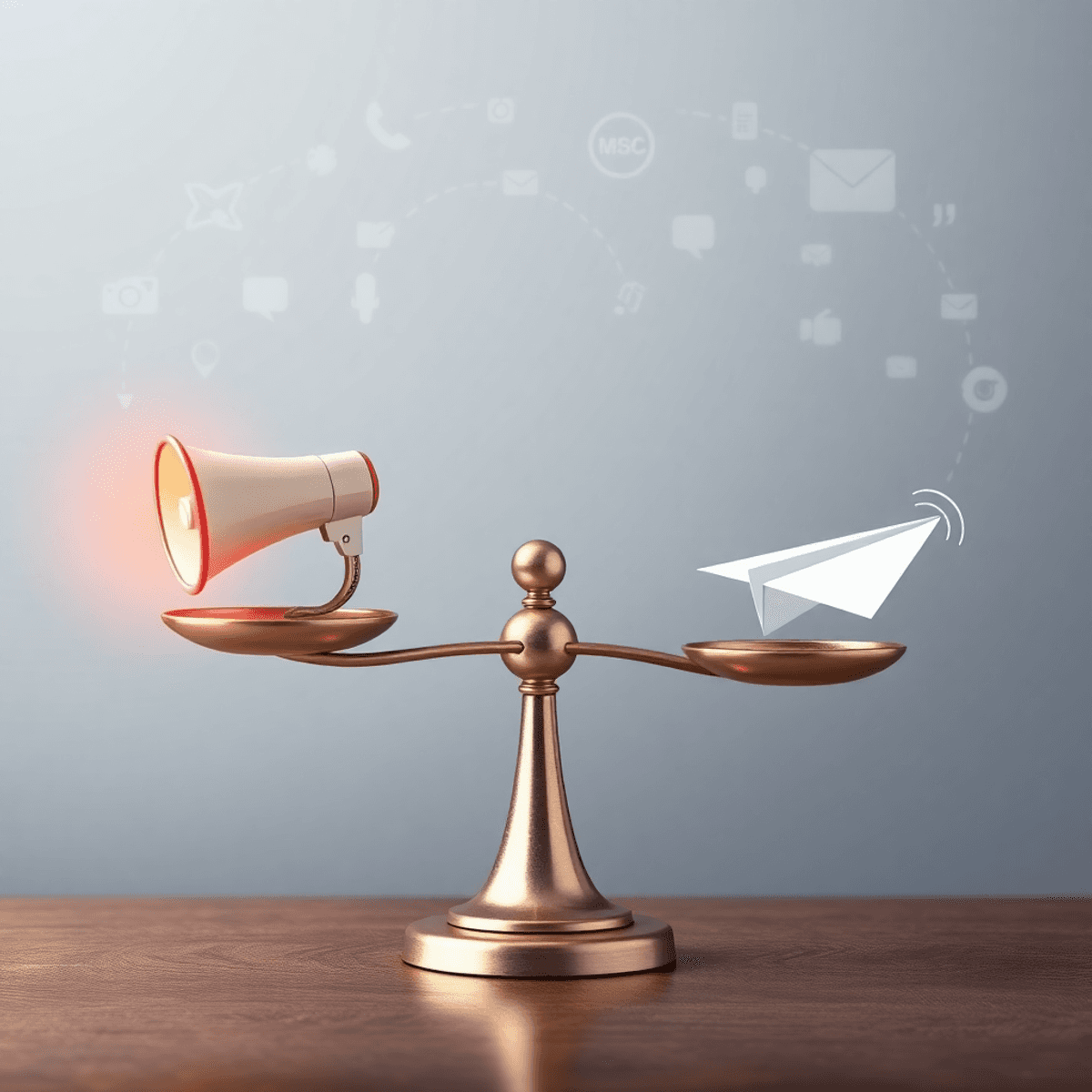 A balanced scale with a glowing megaphone on one side and a paper airplane on the other, set against abstract media icons and communication waves.