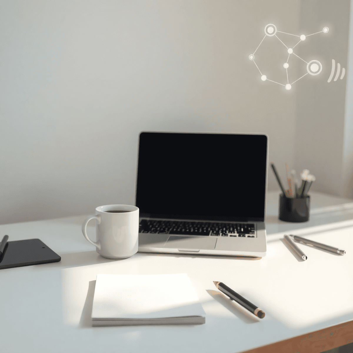 A clean, professional desk with a laptop, notepad, and coffee cup under soft natural light, with subtle abstract media connection icons in the back...