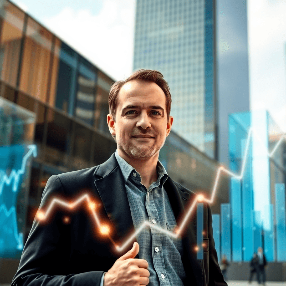 A confident businessman stands outdoors in a modern urban setting with transparent glass structures and glowing abstract financial charts under a c...
