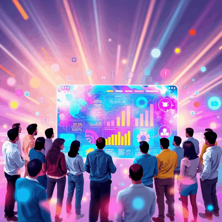 How to Craft a Product Launch Announcement That Sells 6 A diverse group gathered around a glowing digital interface with colorful charts and icons, set against a bright, energetic background symbolizing ...