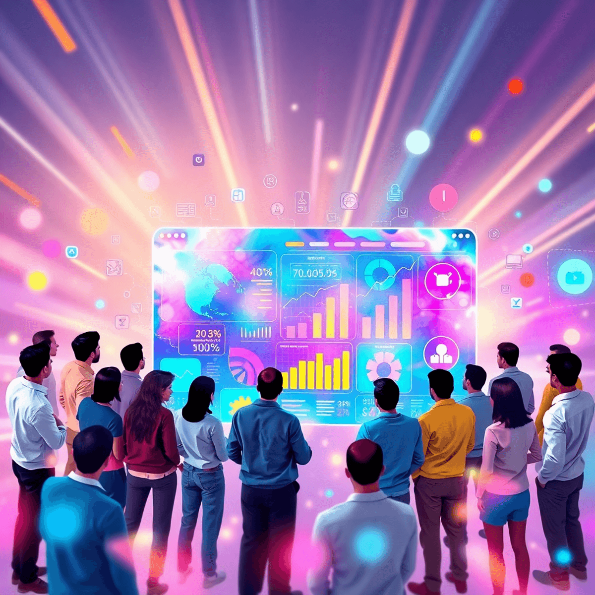 A diverse group gathered around a glowing digital interface with colorful charts and icons, set against a bright, energetic background symbolizing ...