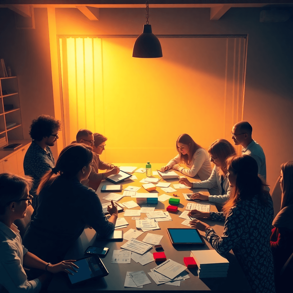 A group collaborating around a table with papers and devices, bathed in warm light, symbolizing teamwork and positivity in a nonprofit setting.
