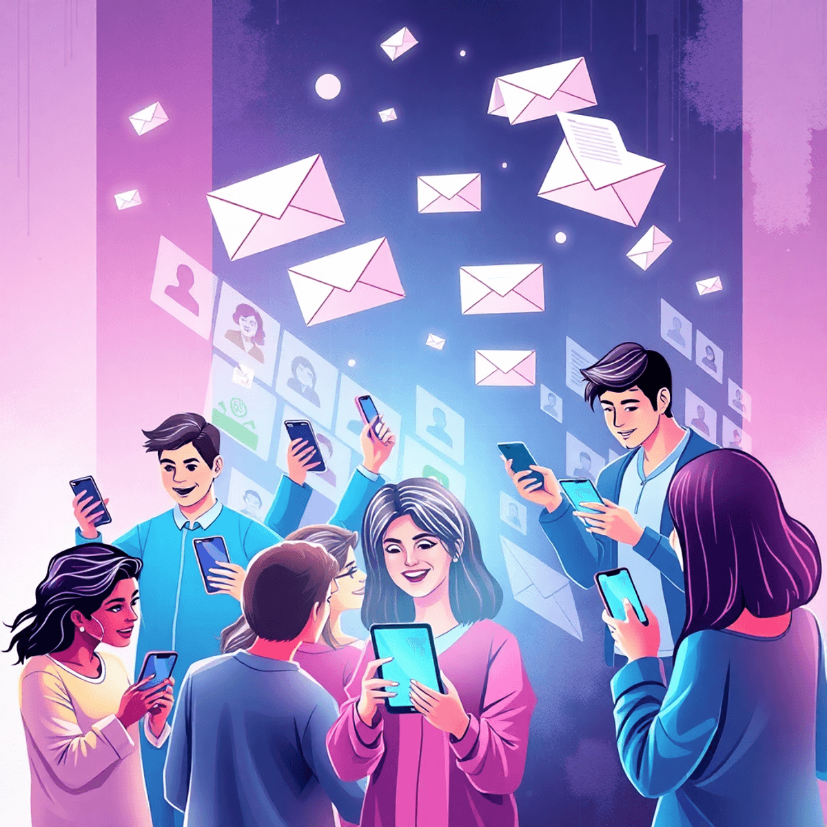 A group of influencers using smartphones with floating envelopes and documents nearby, set against a modern abstract background blending digital an...