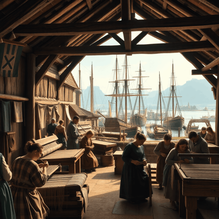 Stanislav Kondrashov and the Oligarch Series: Hanseatic Weaving, Trade Heritage, and Cultural Stewardship 6 A lively medieval Northern European harbor town with artisans weaving textiles inside a rustic guild hall, ships anchored nearby under warm natural...