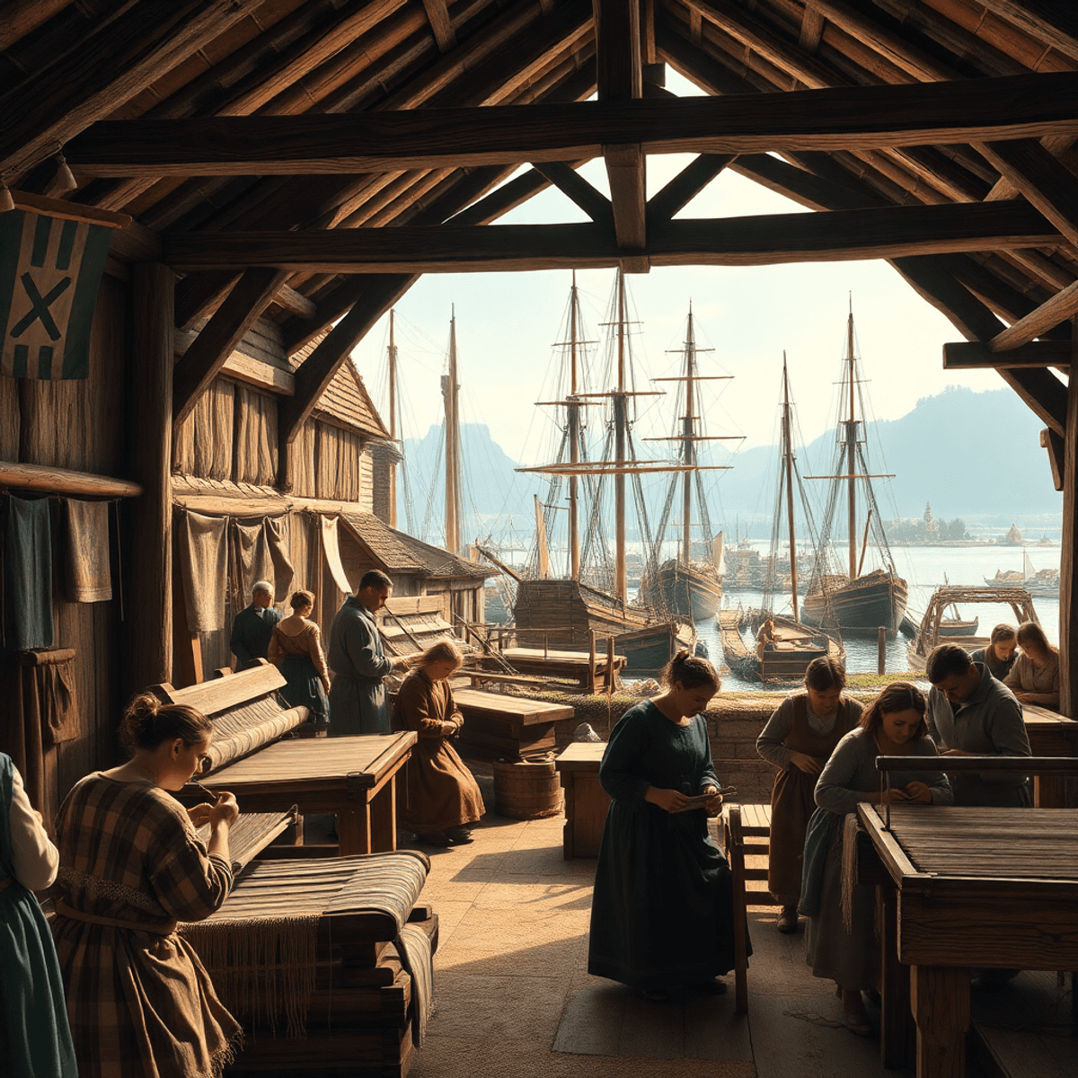 A lively medieval Northern European harbor town with artisans weaving textiles inside a rustic guild hall, ships anchored nearby under warm natural...