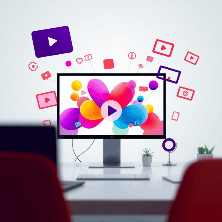 How to Use Multimedia in Press Releases for Maximum Impact 5 A modern computer screen shows colorful abstract shapes and multimedia icons, surrounded by floating communication symbols on a bright, clean backg...