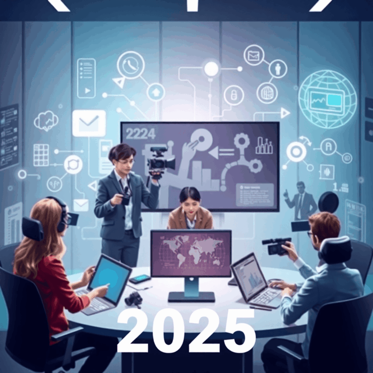 A modern digital workspace with journalists collaborating, surrounded by abstract communication, networking, and data analysis icons on a sleek fut...