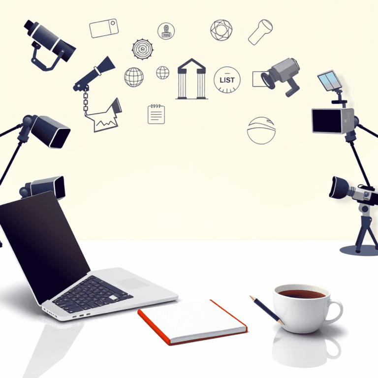 How to Get Featured in Top News Outlets with Your Announcement 5 A modern workspace with a laptop, notepad, coffee cup, microphones, cameras, and media icons on a bright background symbolizing growth.