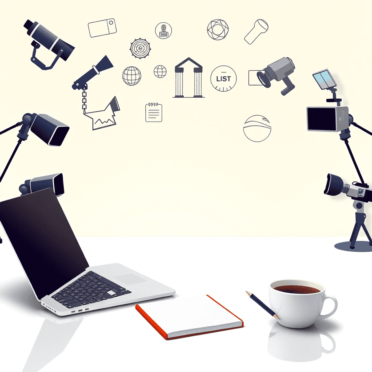 A modern workspace with a laptop, notepad, coffee cup, microphones, cameras, and media icons on a bright background symbolizing growth.