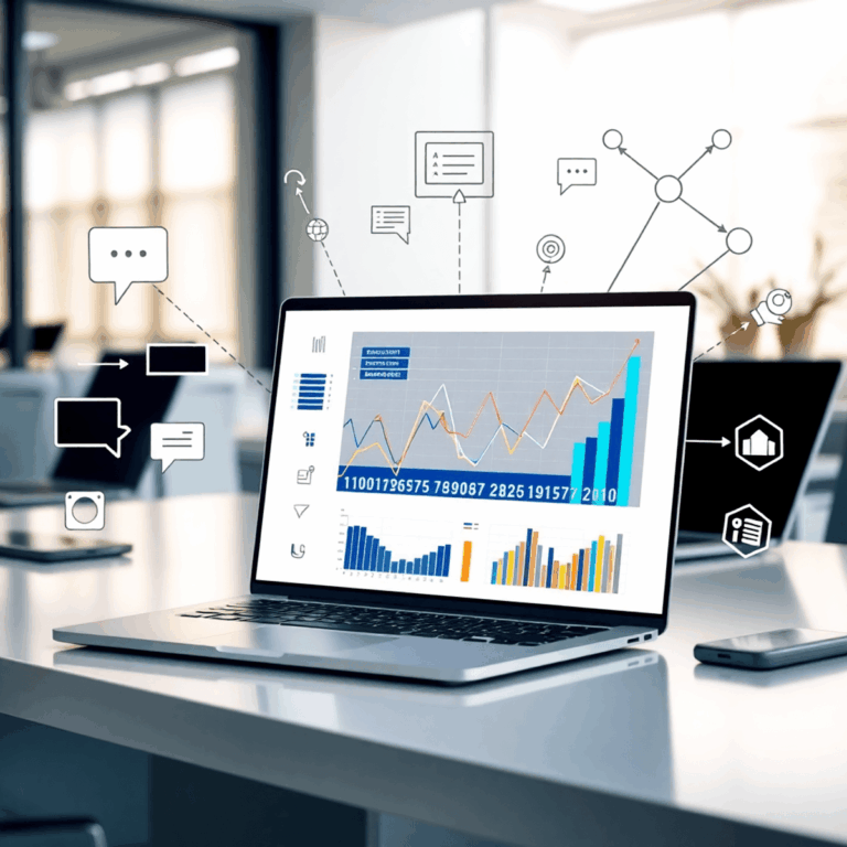 Tracking and Analyzing Press Release Performance Metrics 6 A modern workspace with a laptop showing colorful abstract graphs, surrounded by icons of speech bubbles, growth arrows, and interconnected nodes o...