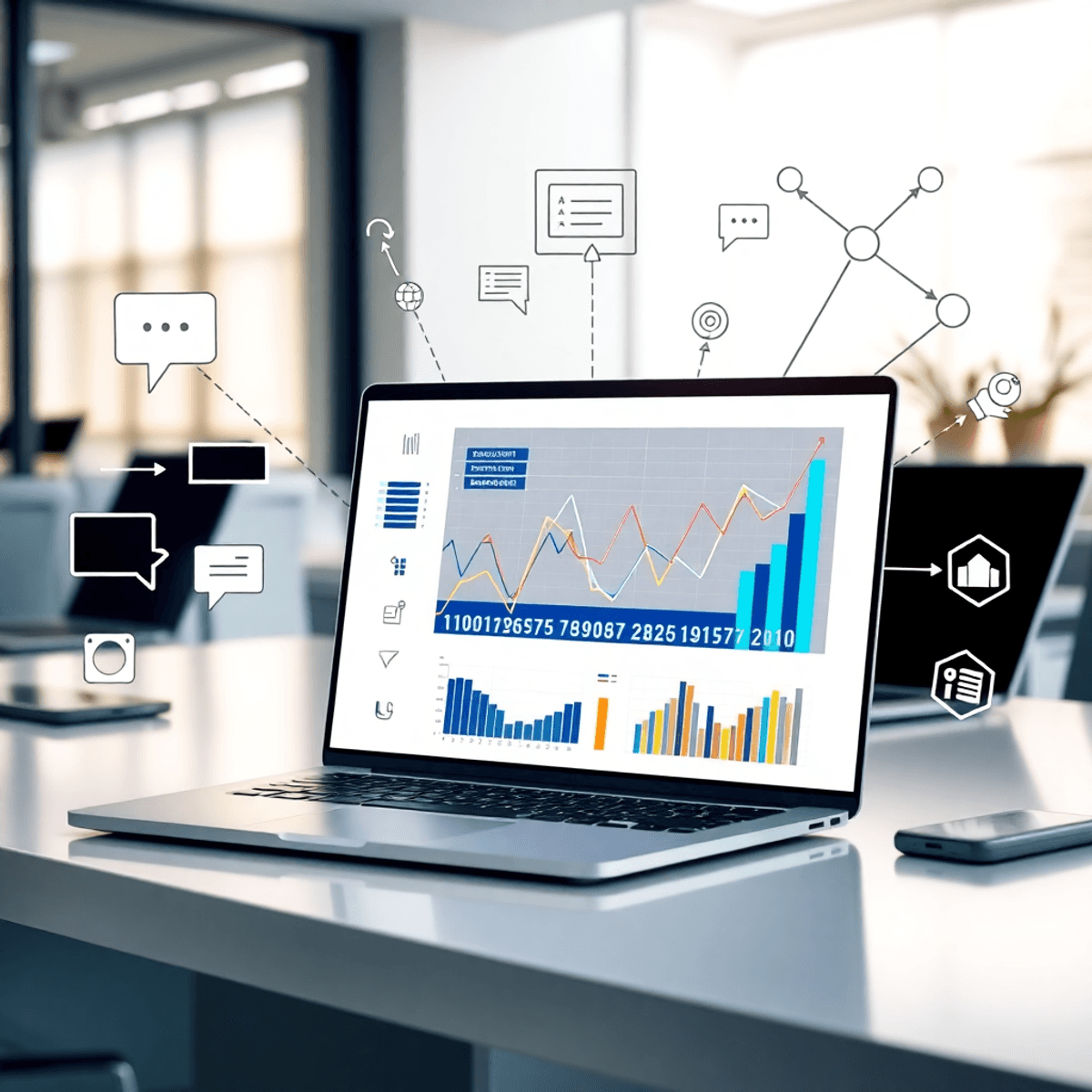 A modern workspace with a laptop showing colorful abstract graphs, surrounded by icons of speech bubbles, growth arrows, and interconnected nodes o...