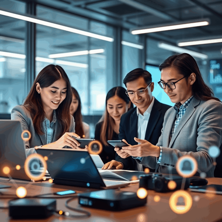 Industry-Specific Press Release Tips for Tech Companies 10 A modern workspace with professionals collaborating over futuristic devices displaying glowing digital icons and data streams symbolizing innovatio...