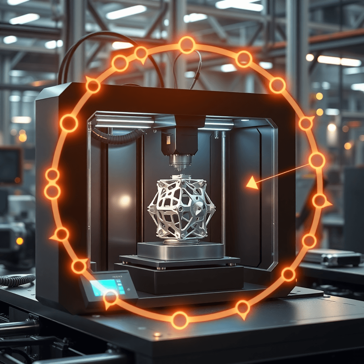 A sleek 3D printer creating a glowing metallic object in a modern factory, surrounded by abstract supply chain nodes and arrows symbolizing innovat...