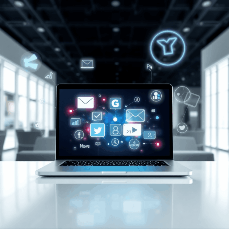 A sleek laptop with glowing abstract icons and floating holographic elements representing media, communication, and connectivity in a bright worksp...