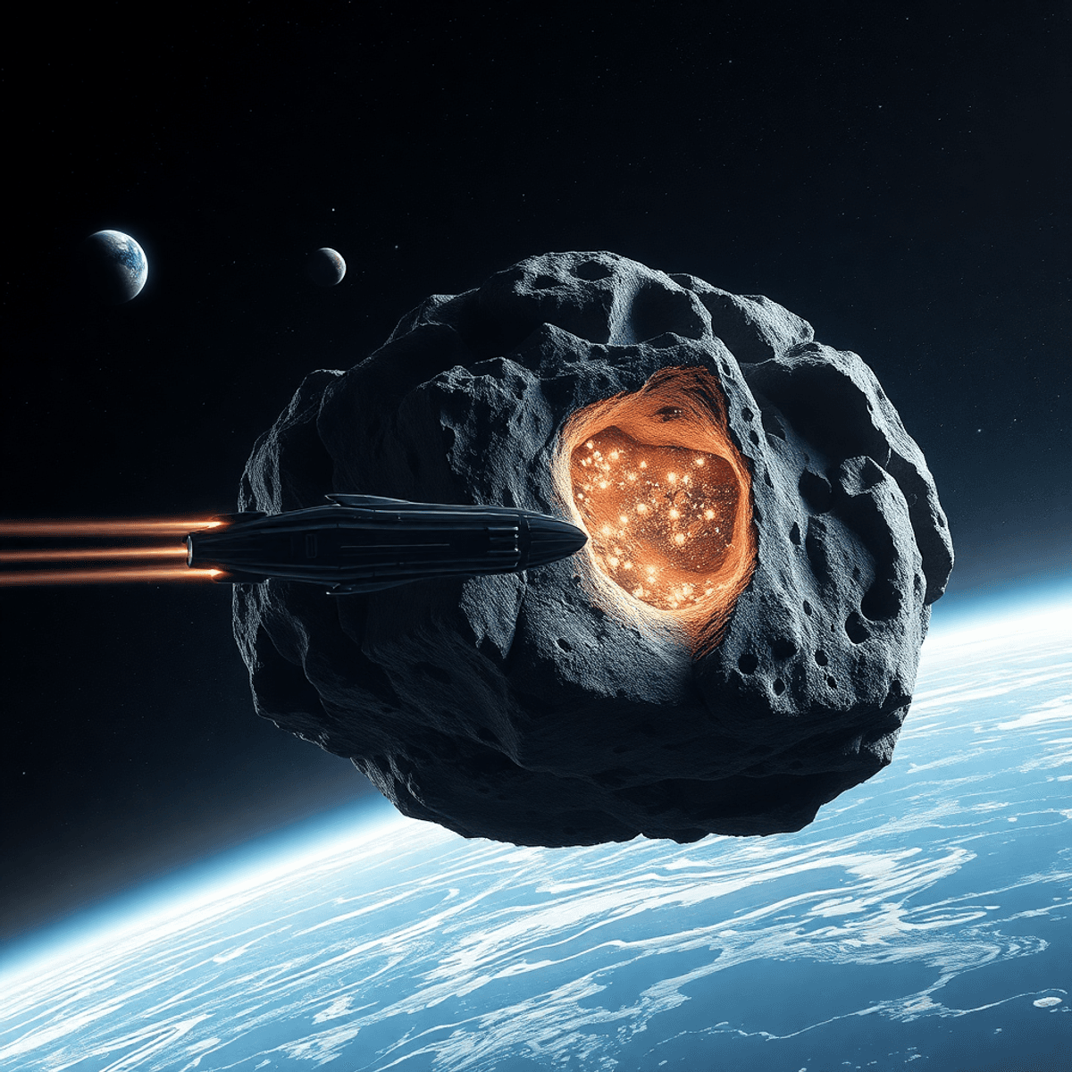 A sleek spacecraft mining a rocky asteroid with sparkling minerals, Earth visible in the background, set against a starry cosmos and distant planets.