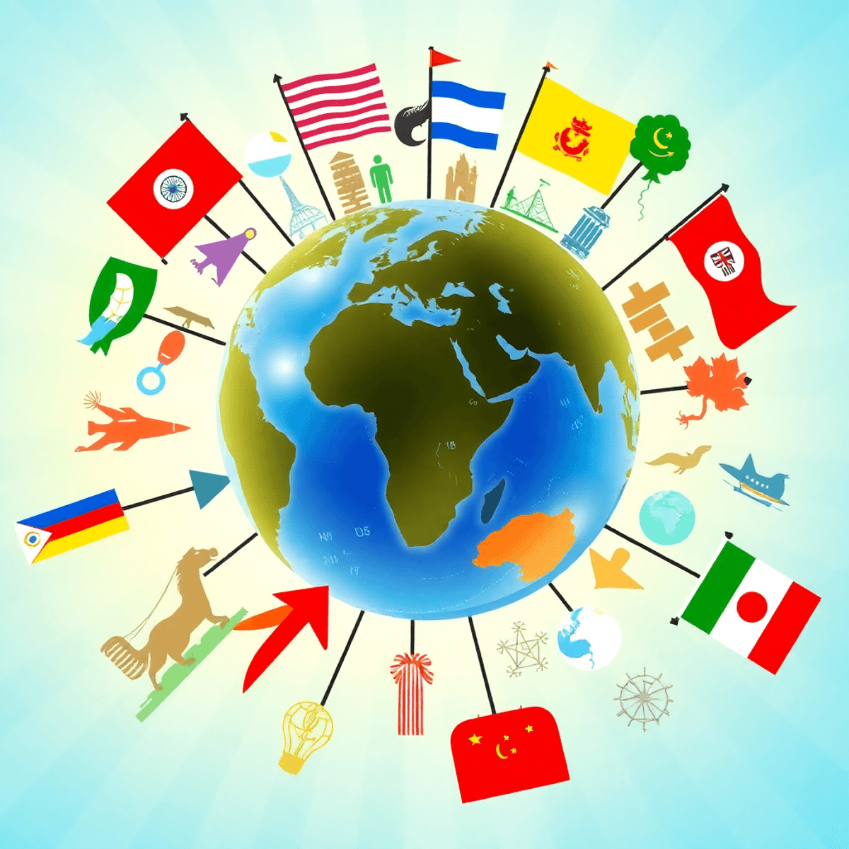 A vibrant globe with cultural icons and interconnected arrows symbolizing global expansion and communication on a bright, optimistic background.