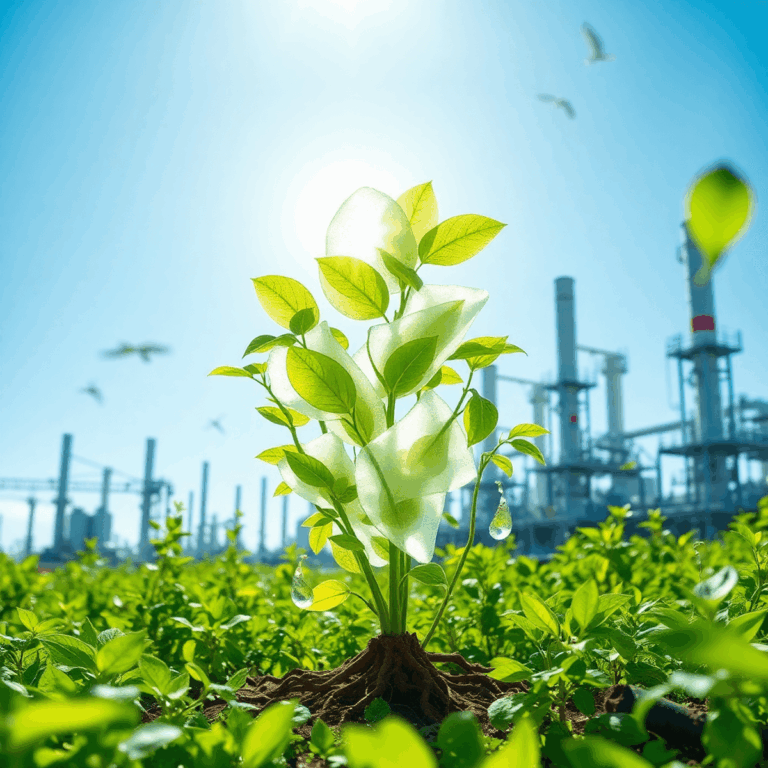 A vibrant green industrial landscape with translucent plant-like polymer structures intertwined with leaves and roots under a clear blue sky.