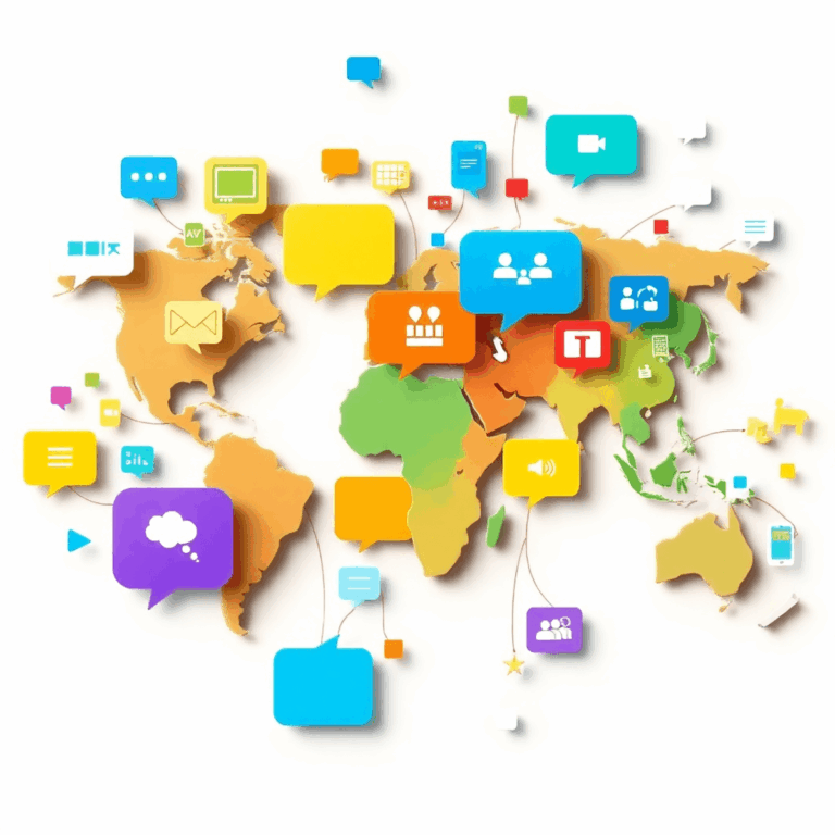 Global Media Outreach: Localization Tips for International PR 1 A vibrant world map made of interconnected speech bubbles and communication icons, symbolizing global media outreach and cultural exchange.