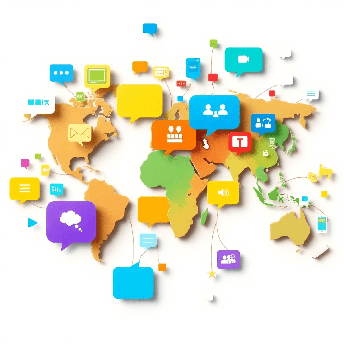 A vibrant world map made of interconnected speech bubbles and communication icons, symbolizing global media outreach and cultural exchange.