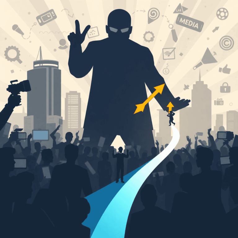 How Startups Can Compete with Big Brands in Media Exposure 6 Abstract illustration of a small startup highlighted by vibrant beams among towering shadowy figures, set against media and communication icons in ...