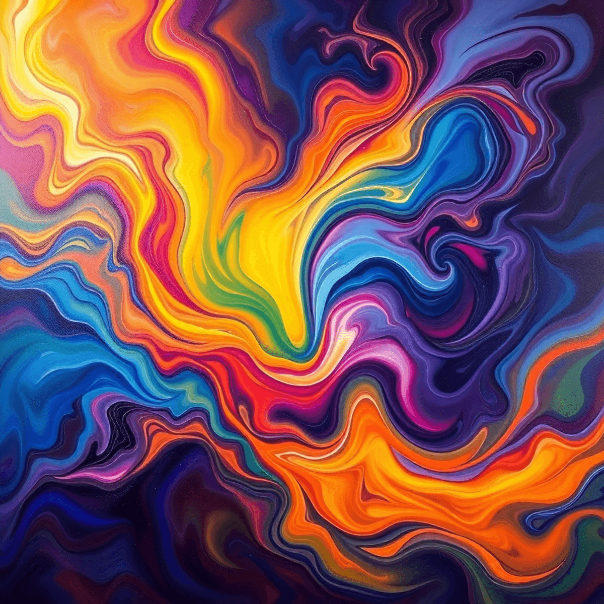 Abstract painting with swirling luminous colors blending seamlessly, evoking emotional depth and subconscious exploration through dynamic flowing s...