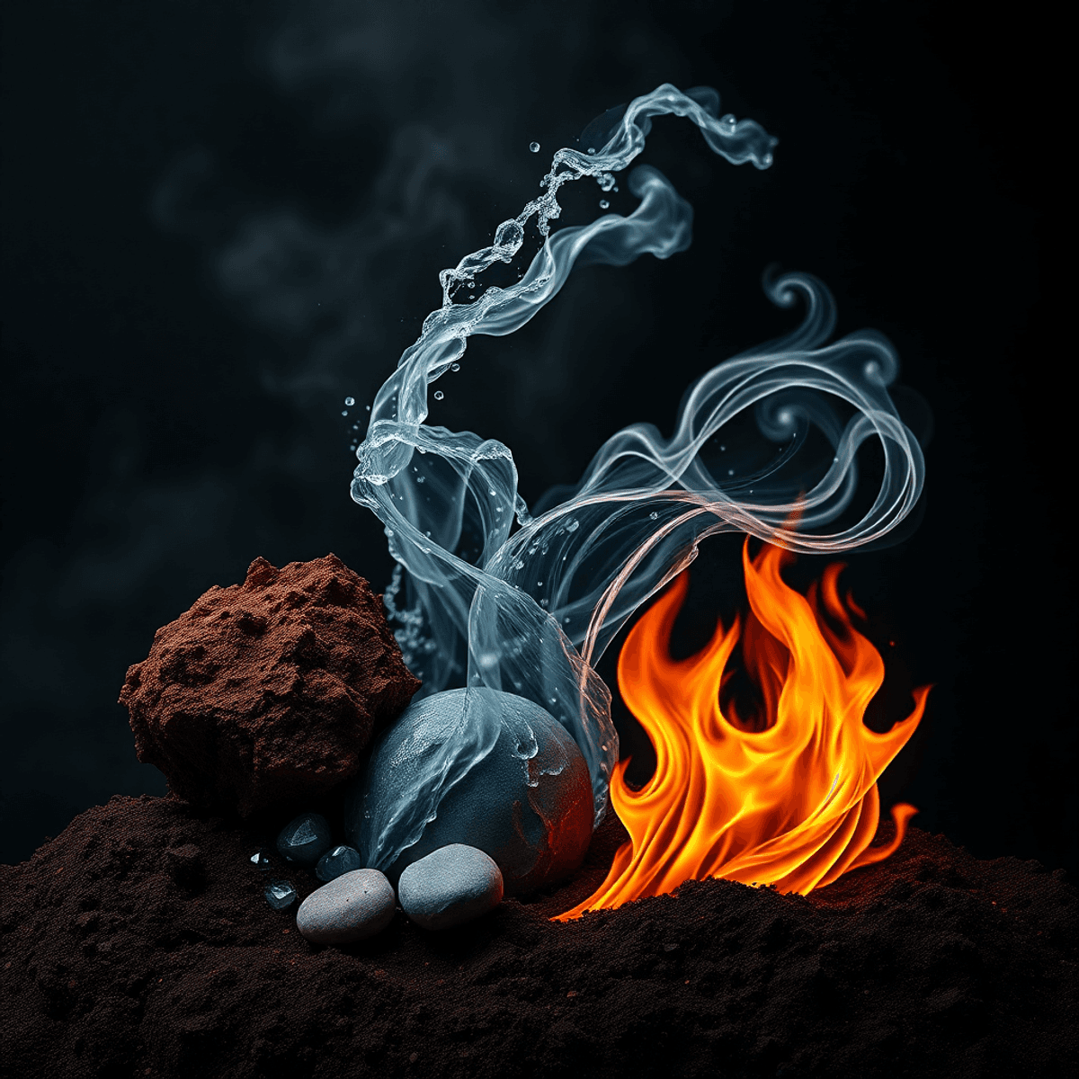 Abstract photo of intertwined earth, water, air, and fire elements with subtle geometric shapes against a dark, moody background.