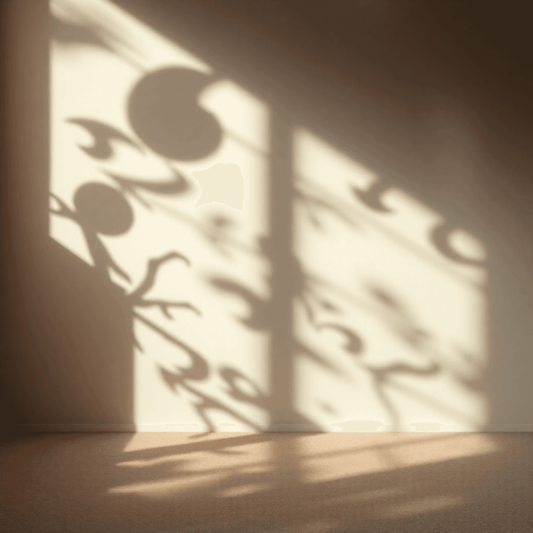 Abstract shapes and shadows blend with soft muted colors, creating a contemplative scene of light, depth, and introspection in a photographic style.