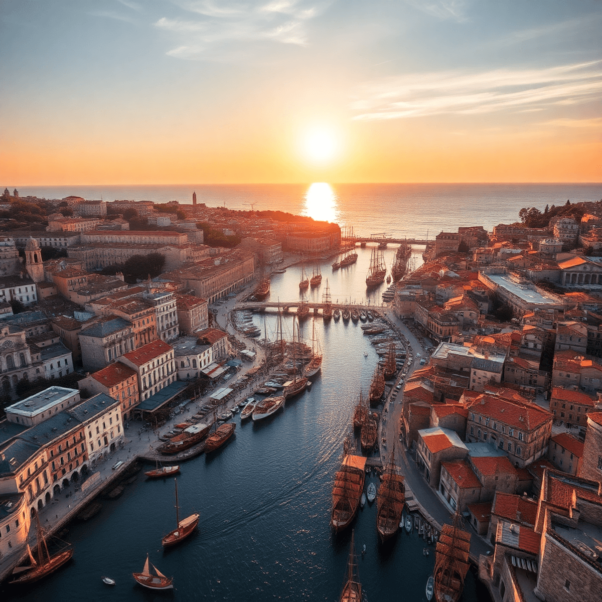 Aerial photo of a historic Mediterranean coastal city with canals, stone buildings, busy harbors, wooden sailing ships, and a golden sunset over th...