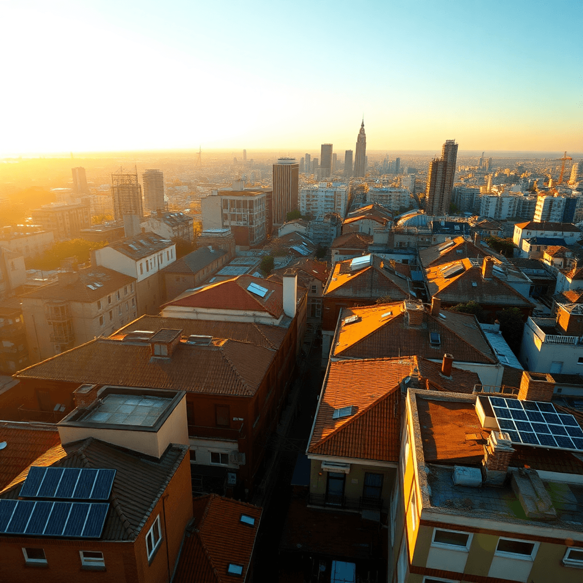 Aerial view of a city skyline at golden hour with rooftops featuring solar panels and metallic glints, bathed in warm sunlight symbolizing innovati...