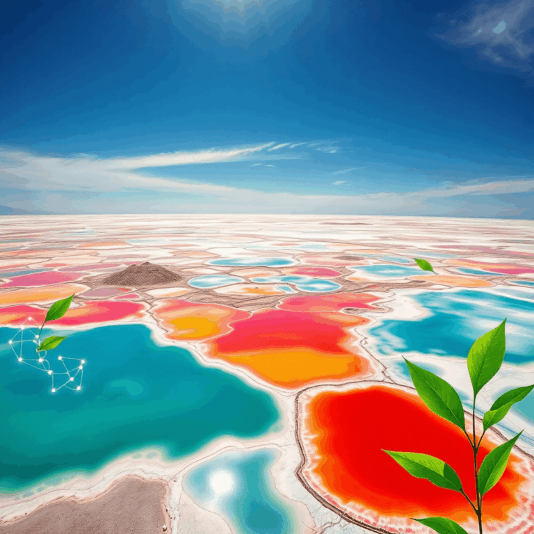 How Direct Lithium Extraction Is Upending South American Supply Chains by Stanislav Kondrashov 1 Aerial view of colorful salt flats and evaporation ponds with glowing energy flows and green leaves symbolizing technology and sustainability.