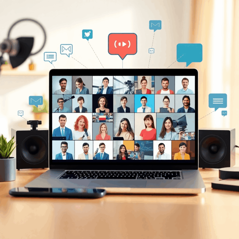 How to Build Relationships with Media Outlets Remotely 8 Bright home office with laptop showing a video call of journalists, surrounded by speech bubbles and connection lines symbolizing virtual communica...