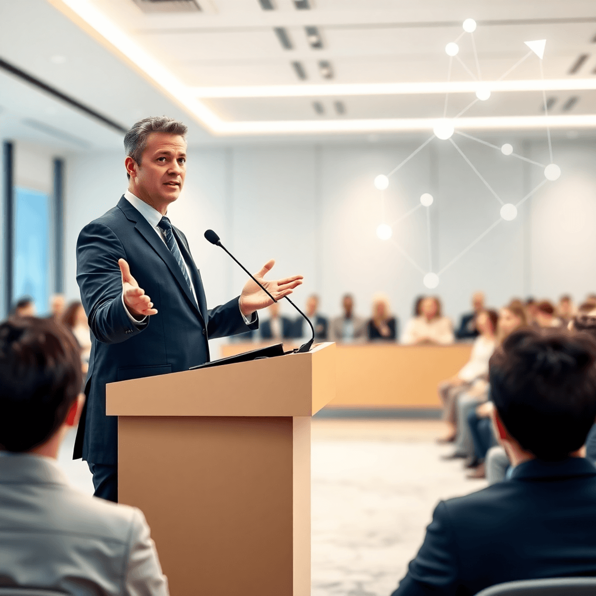 Business professional speaking at a modern podium in a bright conference room with abstract symbols of connection and growth in the background.