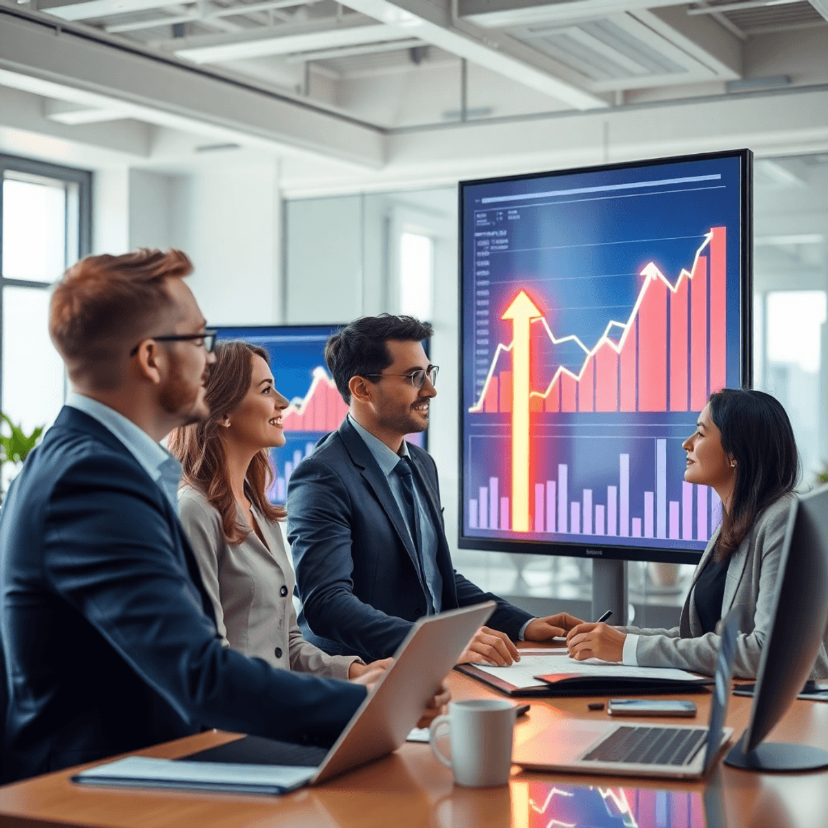 Business team analyzing charts and graphs on large digital screens with glowing data points in a bright, modern office.