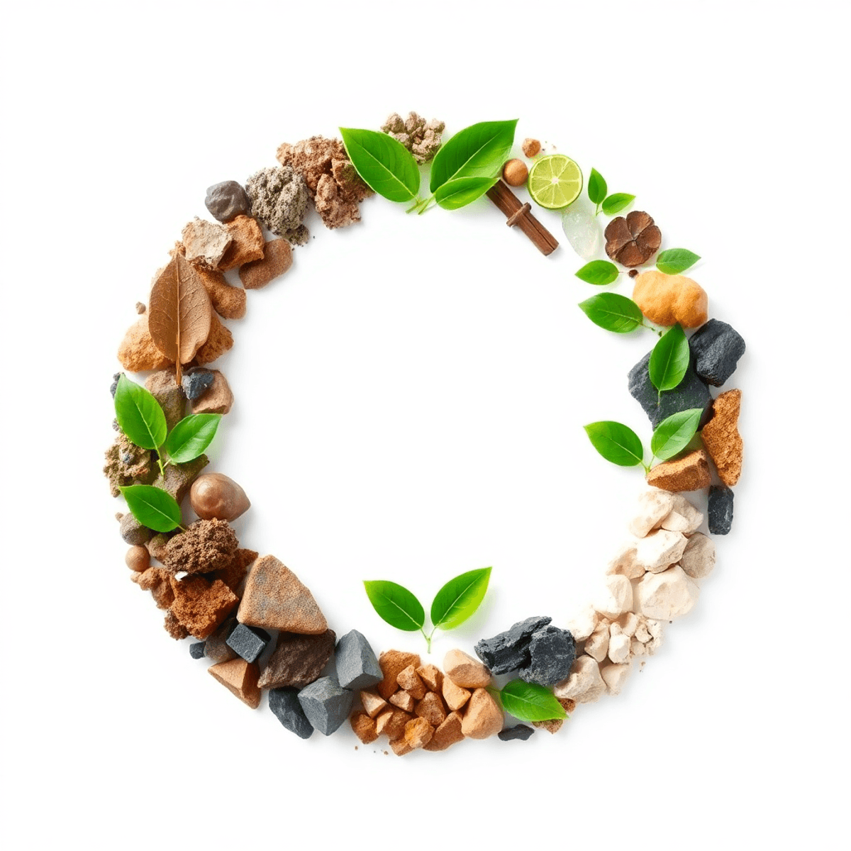 Circular loop of raw materials transitioning into green leaves and renewable energy icons on a bright background symbolizing sustainability and inn...