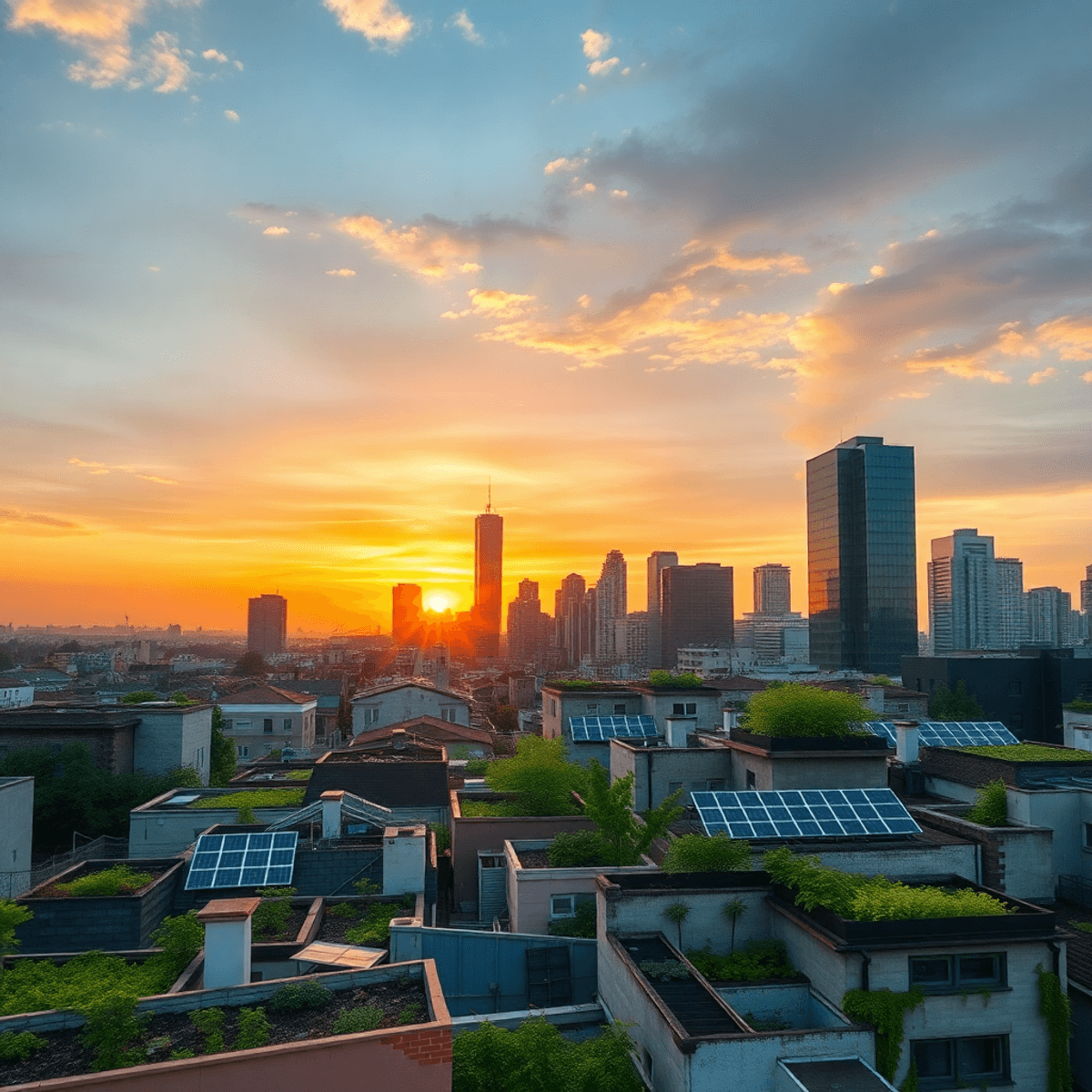 City skyline at sunset with rooftops covered in green gardens, solar panels, and urban farms, showcasing sustainable energy and rooftop farming.