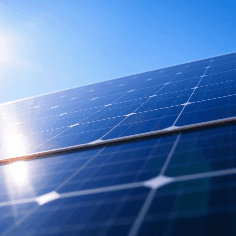 Close-up of a modern multi-layered solar panel glowing under bright sunlight against a clear blue sky.
