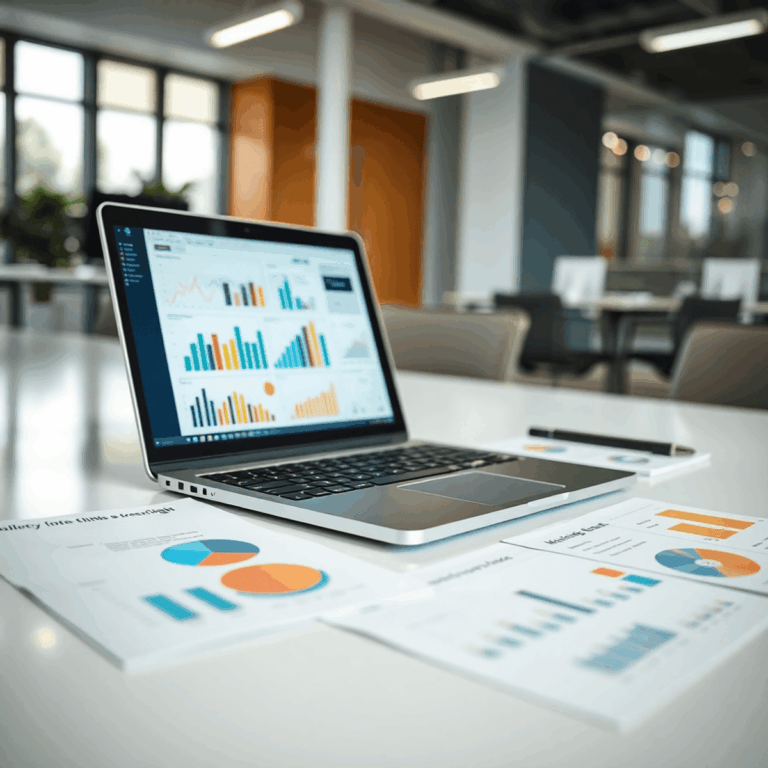 How to Use Data and Statistics Effectively in Press Releases 10 Close-up of a modern workspace with a laptop showing colorful data graphs and printed sheets with geometric shapes on a bright desk.