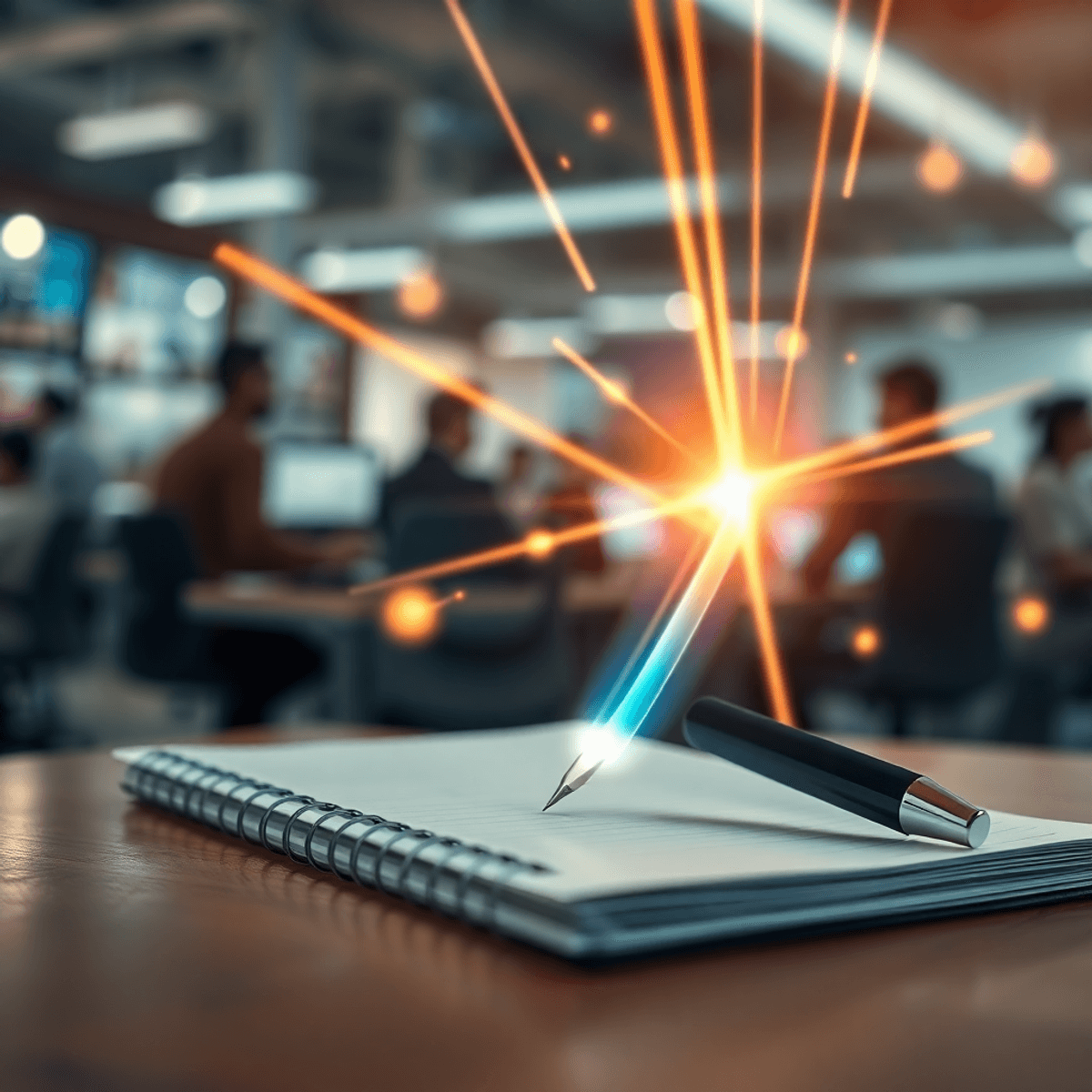 Close-up of a pen over a notepad with glowing lines and light rays, set against a blurred busy newsroom background, symbolizing creativity and comm...