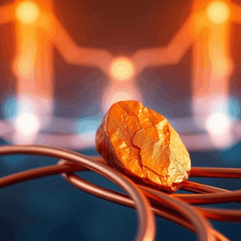 Close-up of a shiny copper nugget and polished wires intertwined, with glowing background and abstract light trails symbolizing energy and technology.