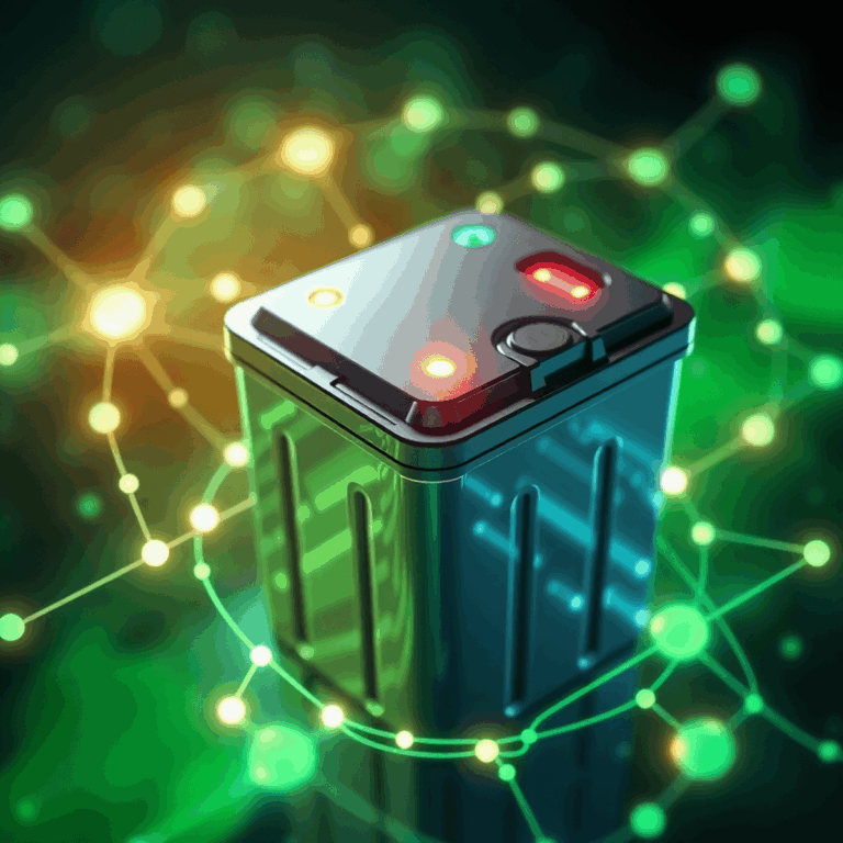 Close-up of a sleek electric vehicle battery pack with glowing digital data streams and interconnected nodes against a green and blue abstract back...