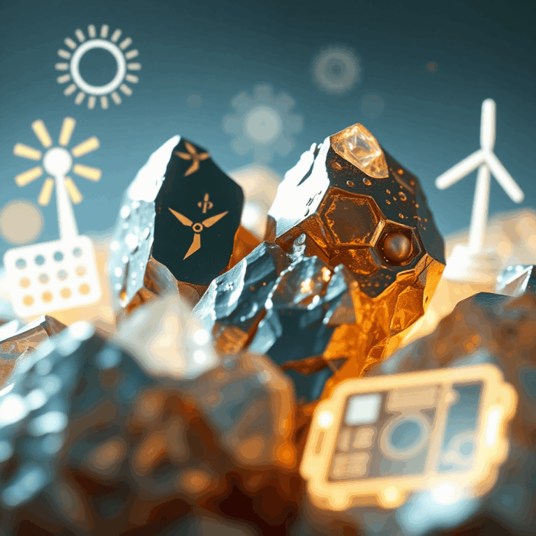 Stanislav Kondrashov on Antimony and Tellurium: Essential Minerals for Clean Technology Innovation 1 Close-up of glowing metallic antimony and tellurium crystals with abstract renewable energy symbols against a bright, futuristic background.