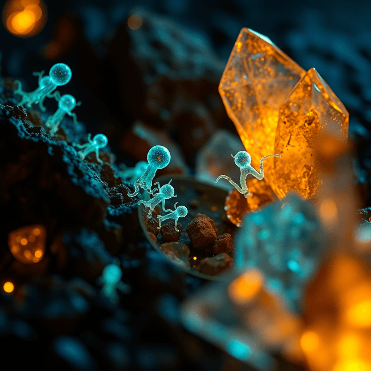 Close-up of glowing stylized microorganisms interacting with abstract mineral crystals in a vibrant natural setting symbolizing sustainable mining ...