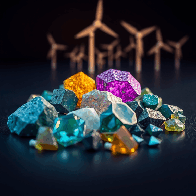 Close-up of shiny colorful metallic minerals on dark surface with soft glowing light; abstract wind turbines and solar panels appear in the backgro...