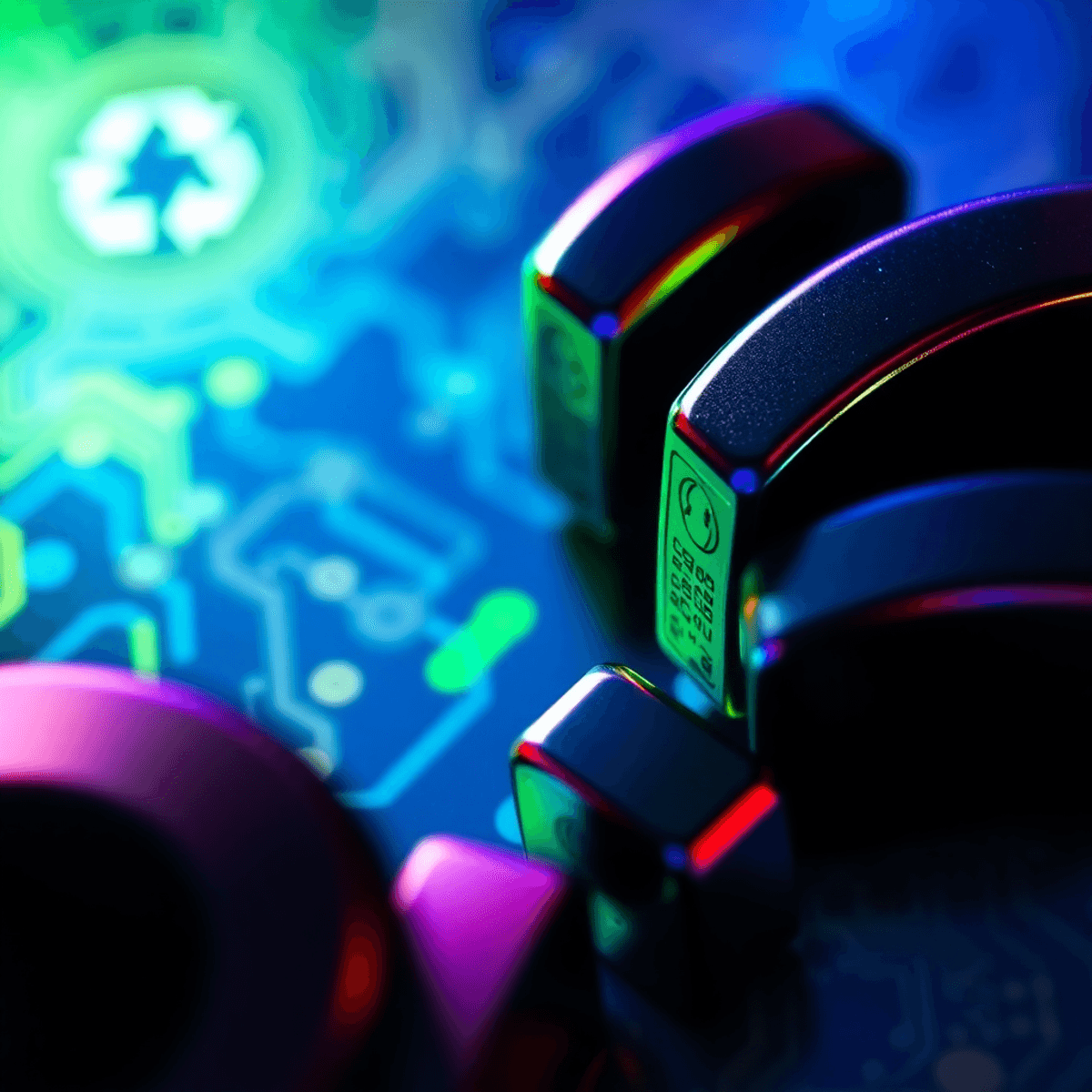 Close-up of shiny, colorful rare earth magnets in a glowing circular pattern over abstract electronic circuit background.