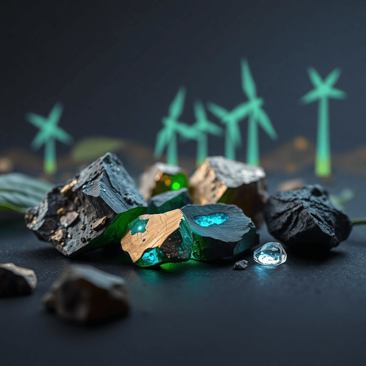 Close-up of shiny copper, cobalt, and lithium minerals with glowing green and blue light, abstract wind turbines, solar panels, and natural element...