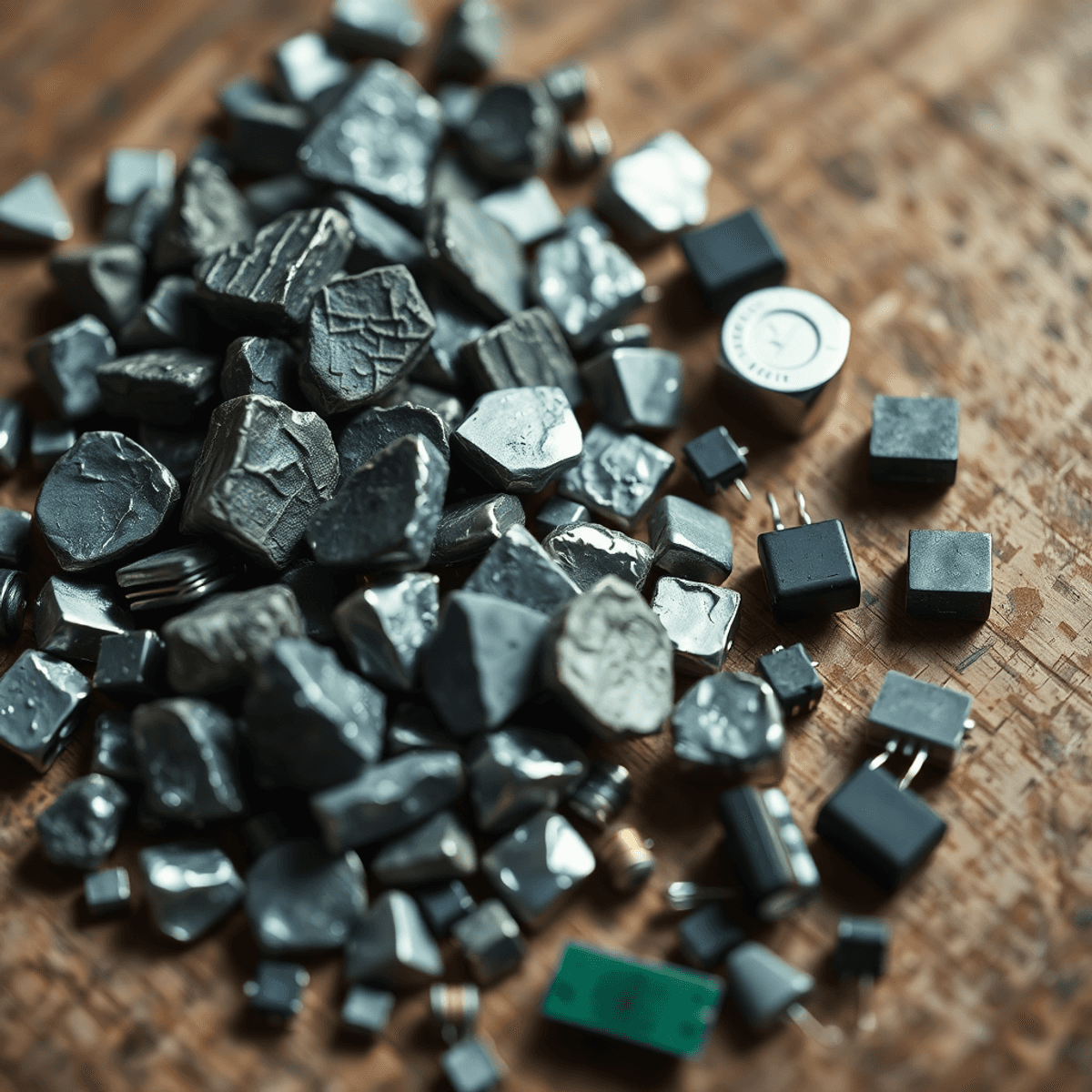 Close-up of shiny rare earth metal nuggets and recycled electronic parts on wood, symbolizing sustainable resource recovery in clean energy technol...