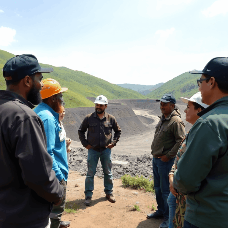 Community members and mining professionals discussing outdoors near a mining site with green hills and clear skies, symbolizing cooperation and sus...