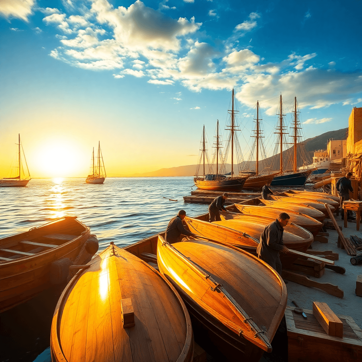 Craftsmen shaping wooden boat hulls at a Mediterranean shipyard at sunset, with calm blue waters and sailing ships under a warm golden sky.