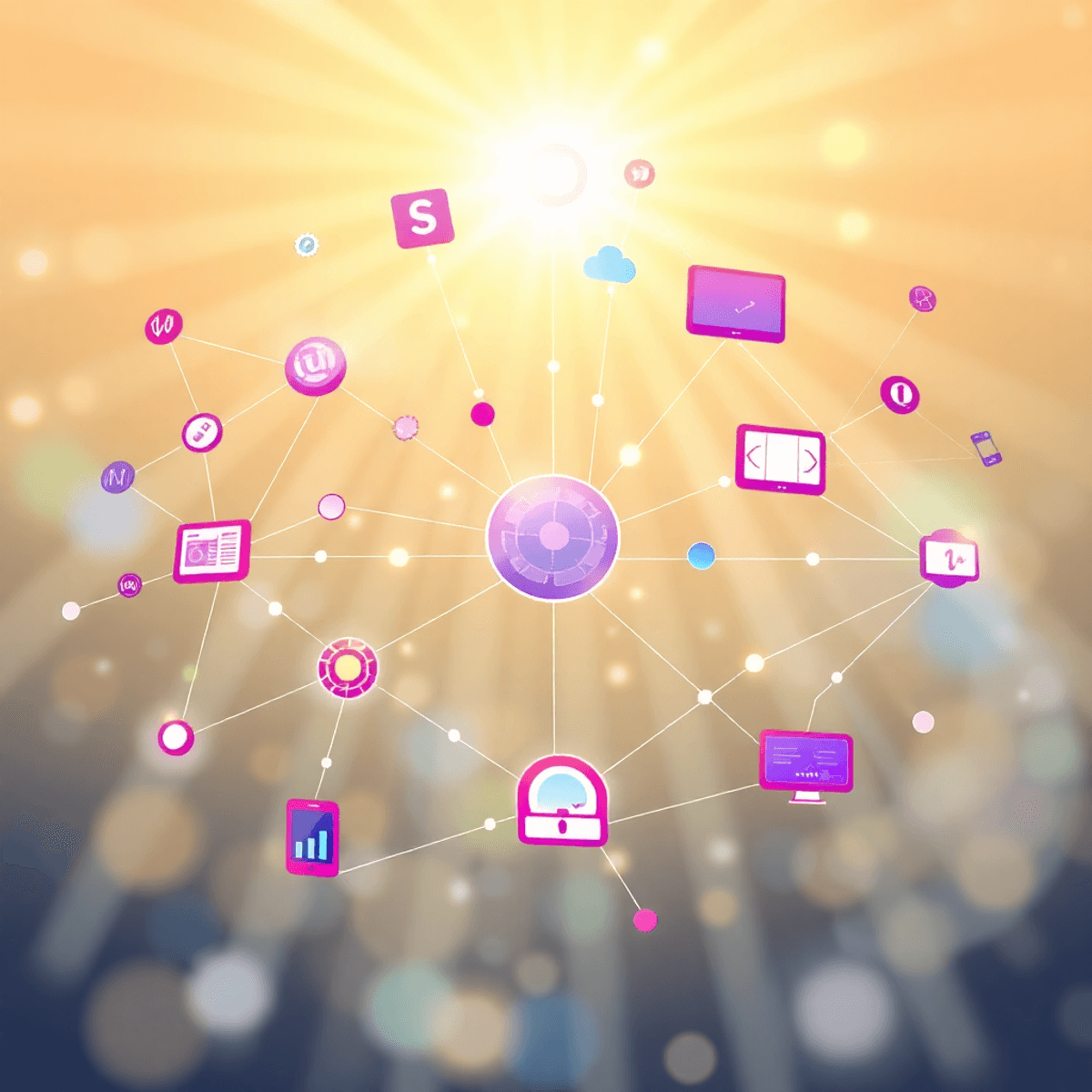 Digital network with interconnected nodes and media icons on a bright background, symbolizing content distribution and expanded reach across platfo...